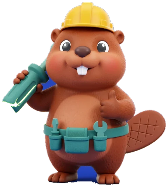 Rivet: a copper-brown cartoon beaver with a yellow hard hat, a teal tool belt and a big screwdriver